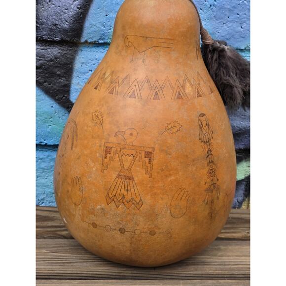 Native American Hand Etched Gourd Signed Southwest Art Design 1988 15"x8½" EUC - Picture 8 of 16